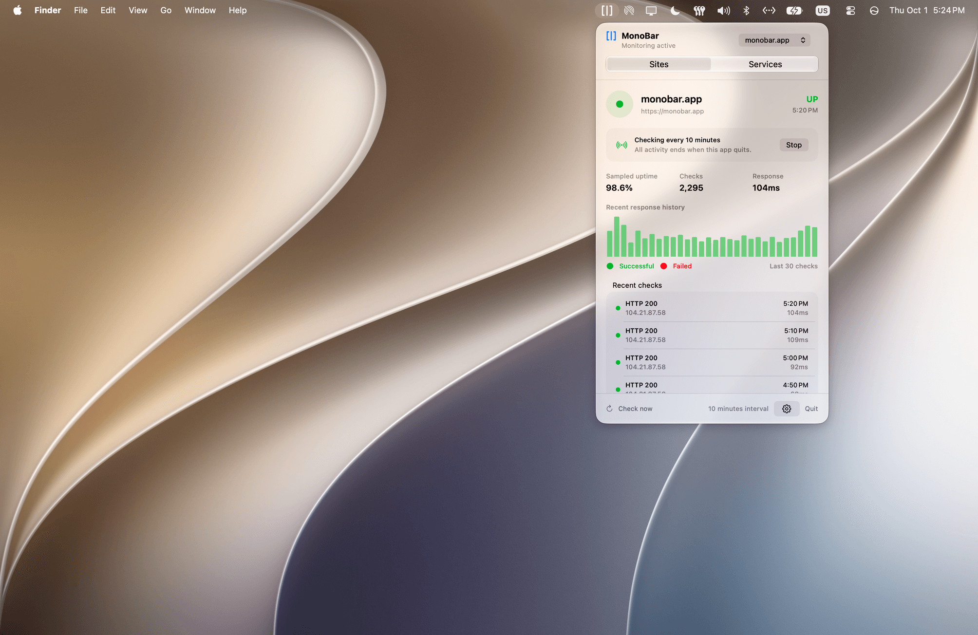 A macOS 27 desktop with the MonoBar 1.2 menu-bar dashboard open, showing monobar.app’s status, sampled uptime, response history, and recent checks.