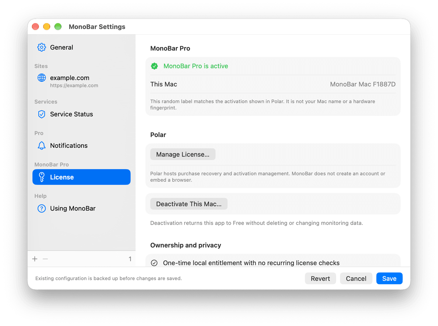 MonoBar 1.2 Direct License settings showing Pro active, Manage License, and Deactivate This Mac controls.