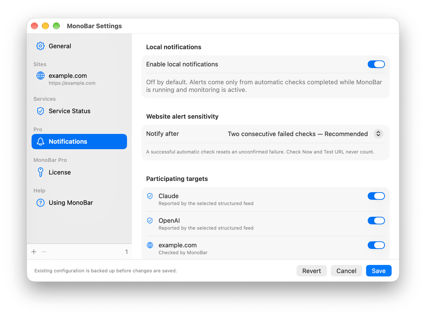 MonoBar 1.2 Pro Notifications settings showing local notifications enabled, the recommended two-failure threshold, and Claude, OpenAI, and example.com participating.