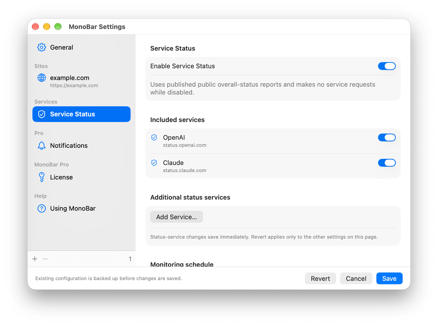 MonoBar 1.2 Service Status settings with OpenAI and Claude enabled and an Add Service button for additional status services.