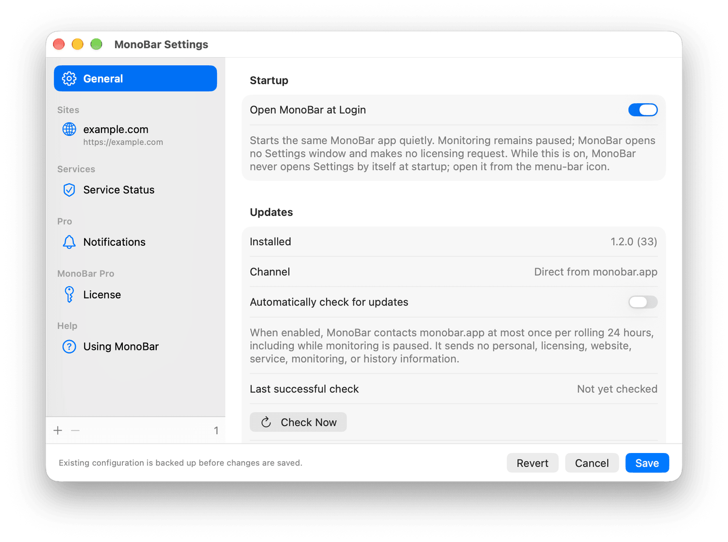 MonoBar 1.2 General settings showing Open MonoBar at Login enabled, paused-start behavior, and Installed version 1.2.0 (33) under Updates.