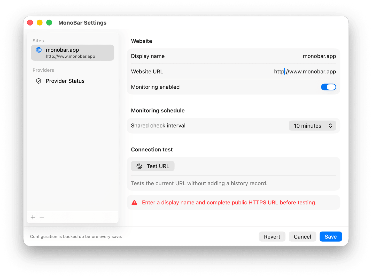MonoBar Settings rejecting an HTTP website URL and asking for a complete public HTTPS URL before testing.