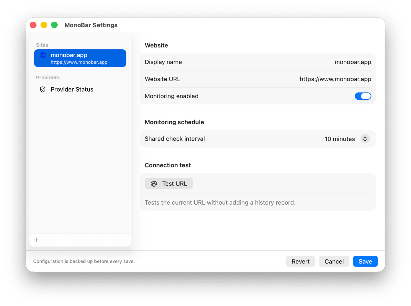 MonoBar Settings showing a public HTTPS website, monitoring enabled, the check interval, and the connection test.