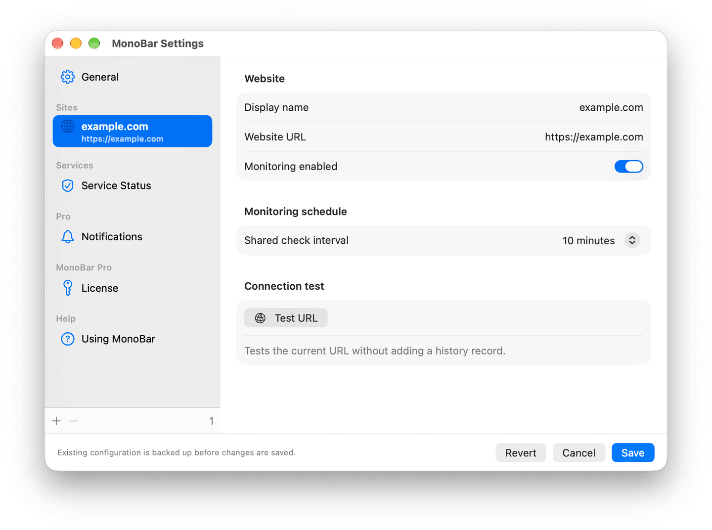 MonoBar 1.2 Website settings showing example.com’s public HTTPS URL, monitoring enabled, a shared 10-minute check interval, Test URL, and Save controls.
